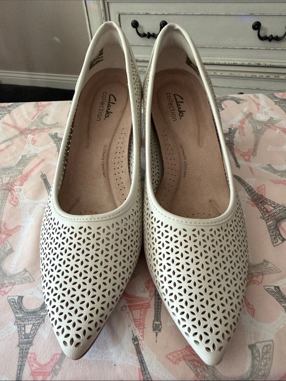 Clarks White Laser-Cut Pointed Toe Flats